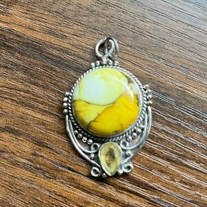 Honey Dahlia Turquoise Round Filigree Scroll Pendant w Citrine Stone 925 SS